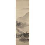 19th century Japanese School, ink on paper, depicting figures in a mountainscape, signed and sealed,