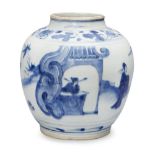 A Chinese porcelain jar, 17th century, painted in underglaze blue with officials in a garden