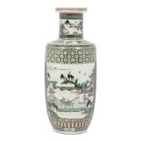 A Chinese porcelain rouleau vase, 19th century, painted in famille verte enamels with panels of