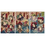 Morikawa Chikashige, Japanese active c.1869-1882, Actors Triptych, 1881, woodblock print in colours,