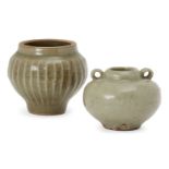 Two Chinese grey stoneware celadon jarlets, Song - Yuan dynasty, one with lug handles to neck and