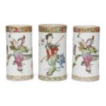 Three Chinese porcelain brush pots, late 19th century, painted in famille rose enamels with