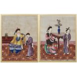 A pair of Chinese gouache paintings on rice paper, circle of Tingqua, late 19th century, decorated