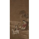 19th century Japanese School, ink and colour on silk, hanging scroll, a deer pulling a carriage with