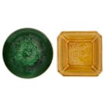 Two Chinese porcelain monochrome dishes, early 20th century, one circular glazed in apple-green, the