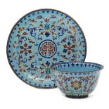 A Chinese Canton painted enamel imitation cloisonné teabowl and saucer, mid-19th century, painted