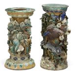 A pair of Chinese stoneware jardiniere stands, 19th century, decorated in high relief in