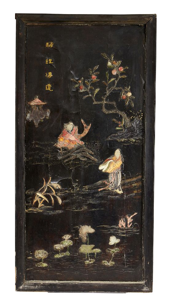 A set of four Chinese hardwood framed black lacquer and hardstone inset panels, late Qing dynasty, - Image 4 of 5