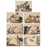 Hokusai School, Japanese c.1820s, seven shunga prints depicting various amorous couples, woodblock