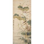 20th century Chinese School, ink and colour on silk, hanging scroll, study of lotus blooms, 114cm