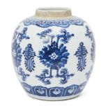 A Chinese porcelain ginger jar, Kangxi period, painted in underglaze blue with lotus blooms and shou