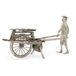A Chinese export silver figure, Luen Wo, late 19th century, modelled as a farmer pushing a cart,