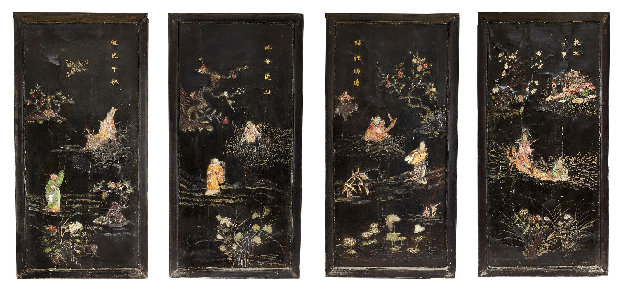 A set of four Chinese hardwood framed black lacquer and hardstone inset panels, late Qing dynasty,