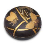 A Japanese lacquer circular box, early 20th century, decorated with takamaki-e butterflies and