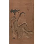 19th century Japanese School, ink and colour on paper, hanging scroll, study of two laughing
