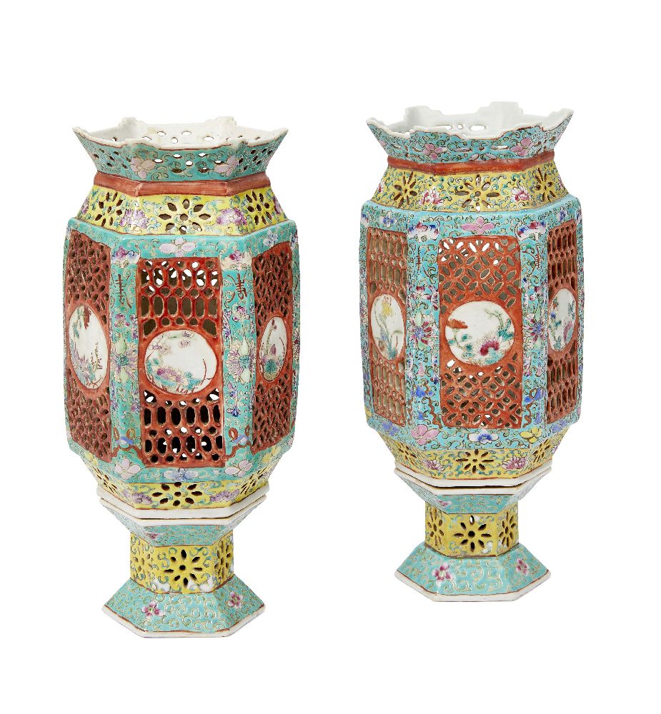 A pair of Chinese porcelain hexagonal lanterns, early 20th century, painted in famille rose