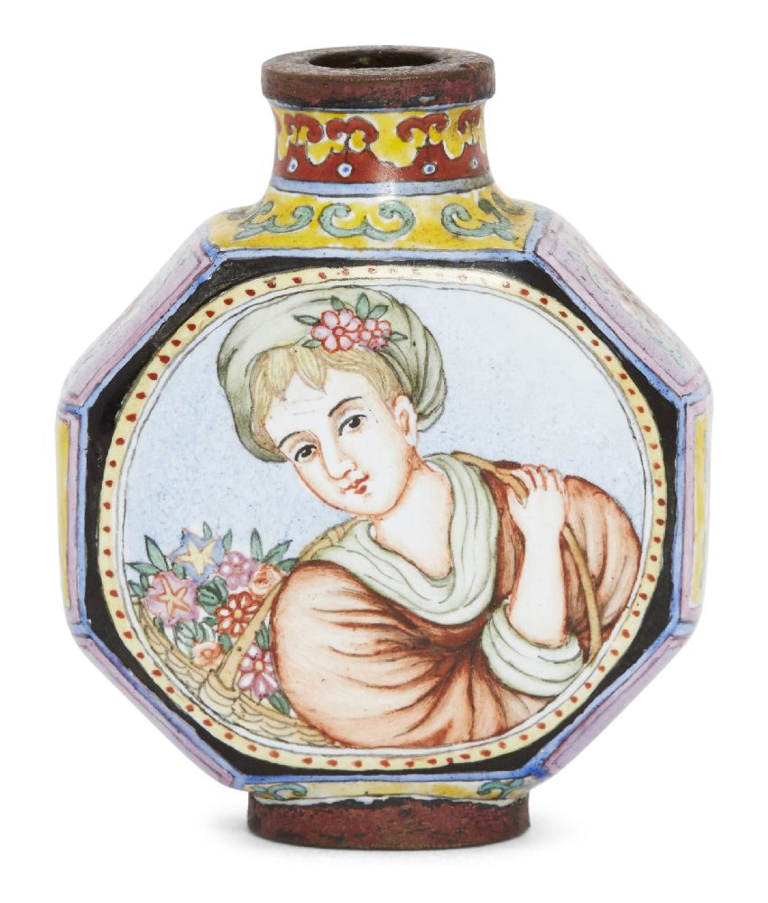 A Chinese 'European subject' octagonal painted enamel snuff bottle, late 19th century, painted to