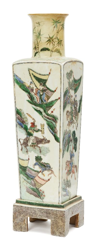 A Chinese porcelain square vase and stand, 19th century, painted in famille verte enamels with - Image 2 of 2