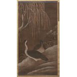 19th century Chinese School, ink and colour on silk, hanging scroll, study of two ducks beside