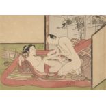 Isoda Koryusai, Japanese 1735-1790, amorous couple enclosed with a screen, c. 1770s, shunga