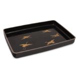 A Japanese black Kyoto style lacquer rectangular tray, 20th century, finely decorated with five