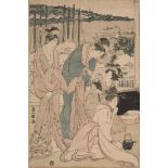 Utagawa Toyokuni, Japanese 1769-1825, Shinagawa Yuen c.1801-04, left panel from the triptych, signed