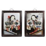 A pair of Chinese reverse paintings on glass, mid-19th century, depicting a girl holding a