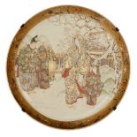 Japanese Satsuma plate, late Meiji period, depicting a woman and girl walking in a garden being
