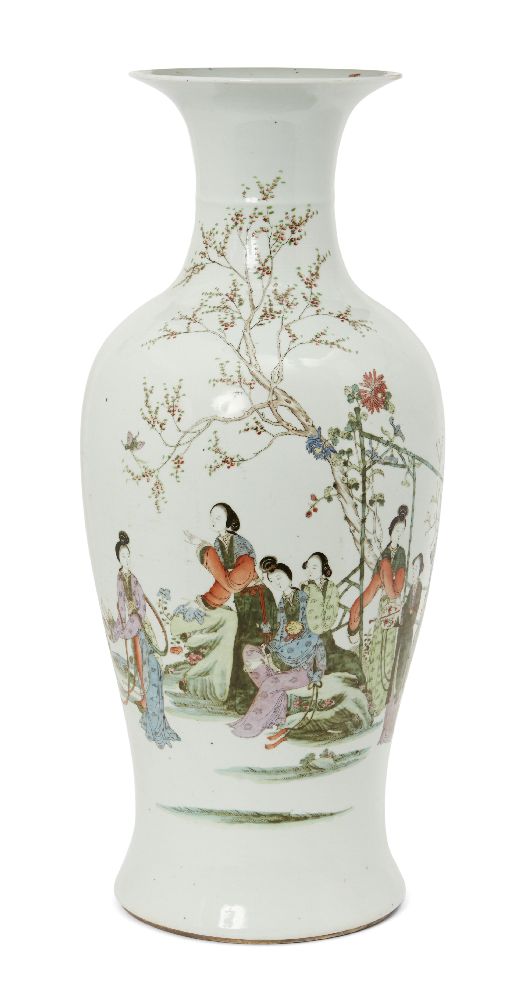 A large Chinese porcelain baluster vase, late 19th century, painted in famille rose enamels with