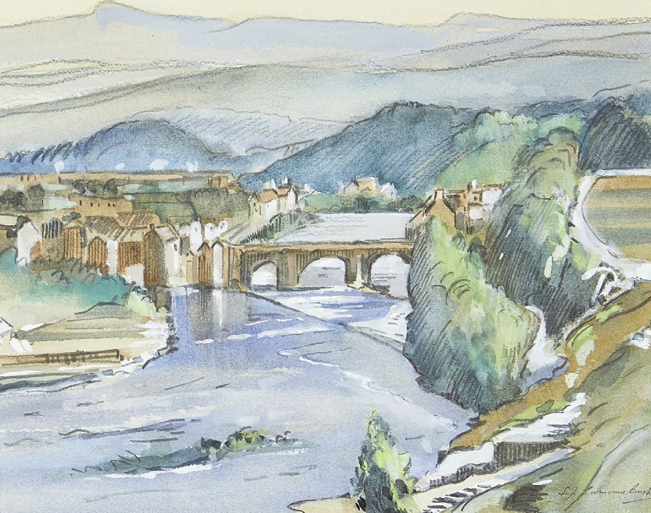 Samuel John Lamorna Birch RA RWS, British 1869-1955- The Teme & Ludlow Bridge; watercolour and