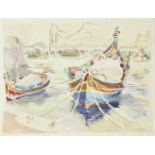 Jack Paul Hanlon, Irish 1913-1968- Moored fishing boats; watercolour, signed and dated 56, 30x40cm.,