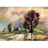 Rowland Suddaby, British 1912-1972- Road sign beneath stormy skies; watercolour, 24x30.5cm, (ARR)