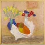 Elsbeth Juda, German/British 1911-2014- Floral still life with a bowl of fruit; oil on board,