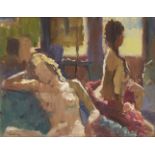 Modern British School, late 20th century- Two female nudes in an interior; oil on board, signed,