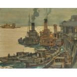 Neville Southby Pitcher RSMA, British 1889-1959- Thames Tugs on duty with the Royal Navy, Southend-