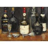 Denys George Wells, British 1881-1973- Still life of wine and glasses, 1971; oil on board, signed