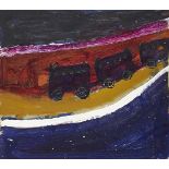 Daphne McClure, British b.1930- Trucks in the Mine; oil on irregular shaped board, signed and titled
