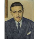 Clifford Hall RBA ROI, British 1904-1973- Portrait of a man, quarter-length in dark blue jacket,