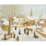 Pamela Cornell, British 1928-1987- Sussex Farm in Winter; oil on canvas, signed, and signed,