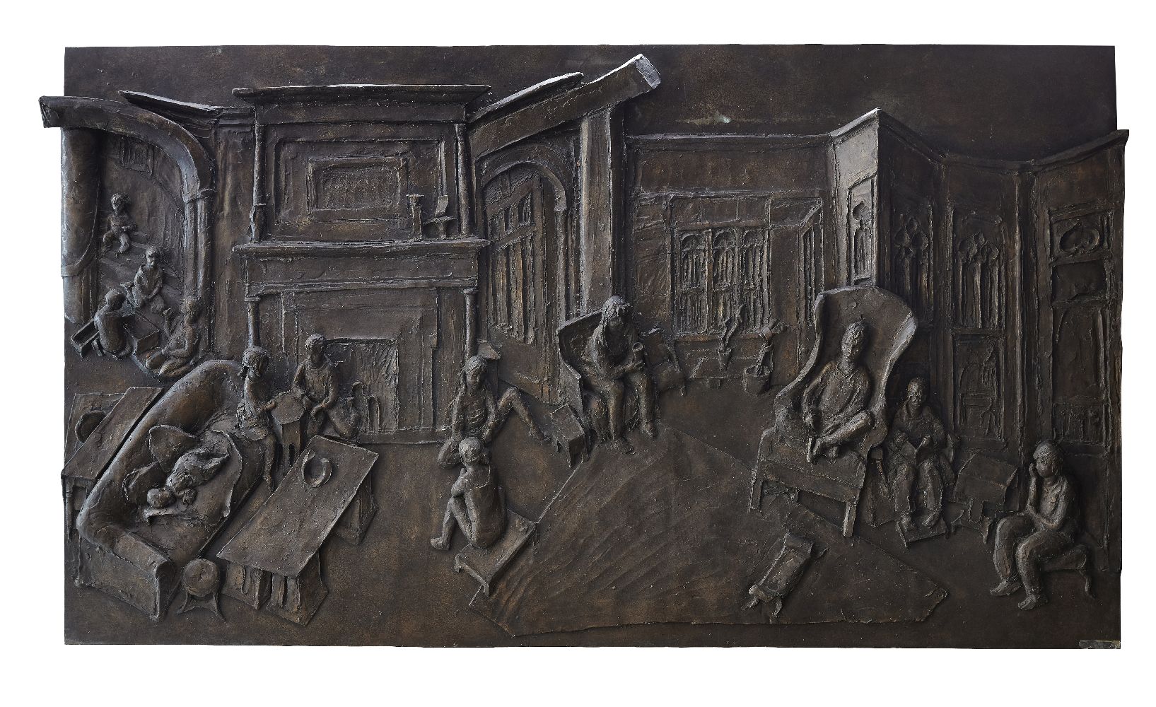 Ghisha Koenig, British 1921-1993- Figures in an interior scene, c. 1990; bronze relief plaque,