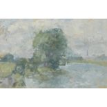 Peter Greenham RA CBE, British 1909-1992- Tranquil river landscape; oil on board, signed with