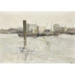 David Tindle RA, British b.1932- View of the Thames with barges, 1959; oil on canvas, signed and