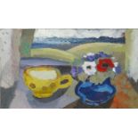 Clive Blackmore, British b.1940- Yellow Cup & Anemones; oil on canvas, 26.5x46cm, (ARR)
