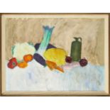 Elsbeth Juda, German/British 1911-2014- Still life with vegetables and green bottle; oil on