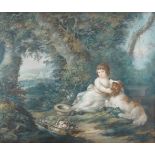 British School, late 18th century- A young girl with a collie dog and a basket in a glade with a