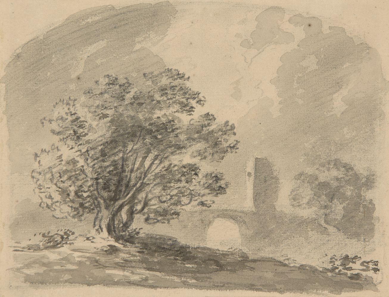 Attributed to James Bourne, British 1773-1854- Study of trees; soft pencil on blue coloured paper, - Image 2 of 3