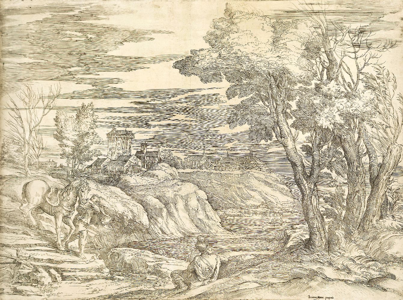 Giovanni Battista Franco, Italian 1498-1561- Landscape with horseman and his groom, after Tiziano