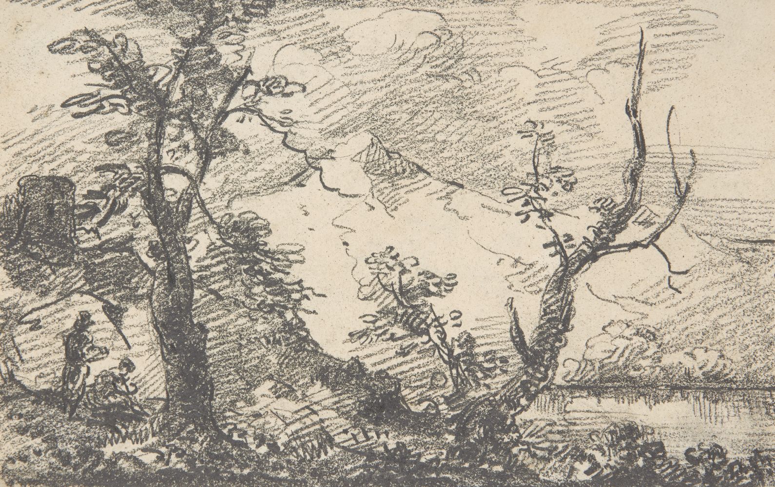 Attributed to James Bourne, British 1773-1854- Study of trees; soft pencil on blue coloured paper, - Image 3 of 3