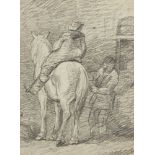 George Frost, British 1754-1821- Man on a horse having a stirrup fixed; pencil, 16.5x12cm: Charles