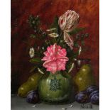 M Pincon, French, mid 20th century- Still life of fruit and flowers in a vase; oil on canvas laid